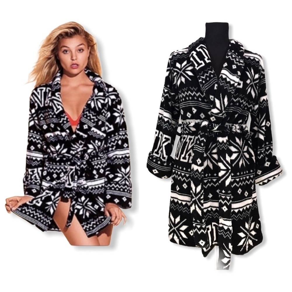 PINK VS Fleece Robe Fair Isle XS/S Black White